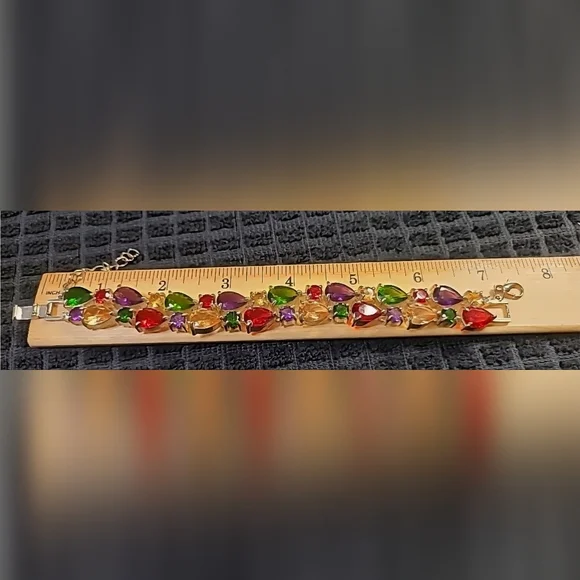 Large Bling Multi-Colored Glass Gem Stones Teardrop 7" Silver Bracelet 1/2" - Picture 2 of 7